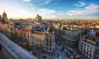The historic skyline of Madrid, Spain on a beautiful sunny day