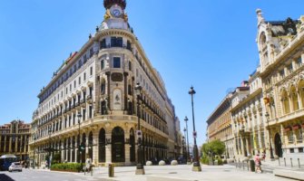 The charming historic buildings in Madrid, Spain on a bright summer day